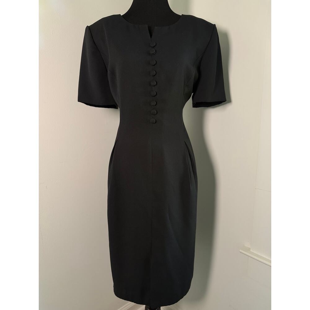 Vintage Minimalist Black Wiggle Dress Button Detail Office Siren 12